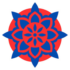 Illustration of red and blue floral mandala design isolated on white background