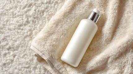 Cream bottle atop a beige towel.
