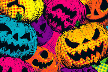 Colorful Halloween pumpkins with various expressions set against a vibrant background