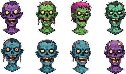 Cartoon zombie heads collection, scary undead characters with creepy faces, colorful horror monsters, Halloween illustration, spooky undead artwork, scary cartoon monster design