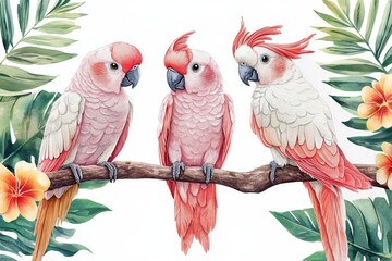Vibrant Parrots Perched on a Branch Amidst Tropical Flowers in a Serene Setting.
