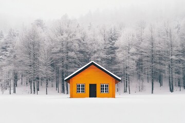 Snowy Landscape Showcasing an Orange Cabin Surrounded by Frosted Trees in a Winter Setting