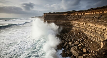 Powerful ocean waves crash against dramatic layered cliffs under a cloudy sky.