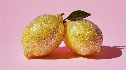 Two glittery sparkling lemons with leaf on pastel pink background, modern artistic decor ideal for poster wallpaper showcasing luxury shiny aesthetic and vibrant color.