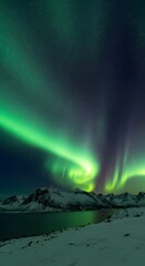 Naklejka premium Vibrant green and purple aurora borealis dances across the night sky above snow-covered mountains and a calm body of water.