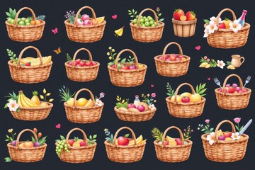 collection watercolor style isolated on white background clipart include at least 10 isolated picnic baskets themed elements and leave a 10% margin clear around the sheet to avoid cropping