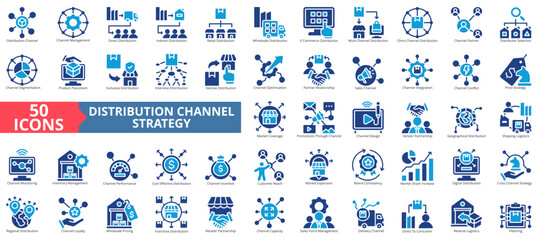 Distribution channel strategy icon set flat style collection. Containing management, direct, indirect, retail, wholesale, e-commerce, omni channel, segmentation