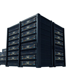 A row of modern server racks with blinking lights, representing data storage and processing power, isolated on a transparent background