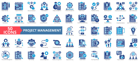 Project management icon set flat style collection. Containing planning, scheduling, management, resource allocation, delegation, budget, timeline, scope, tracking, risk
