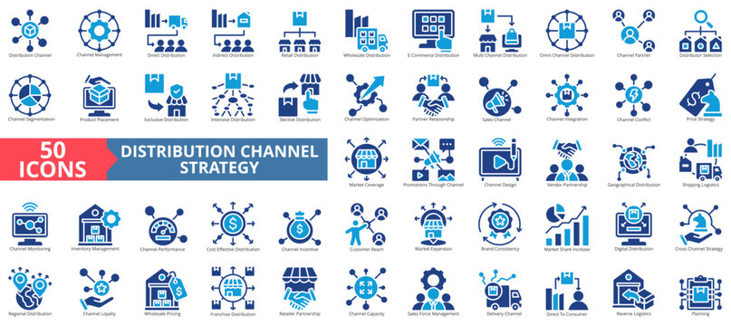 Distribution channel strategy icon set flat style collection. Containing management, direct, indirect, retail, wholesale, e-commerce, omni channel, segmentation