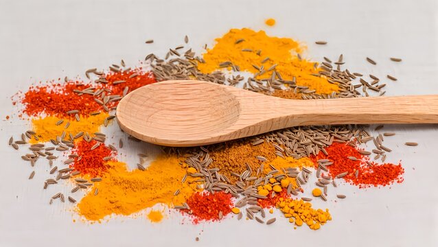 A wooden spoon resting on a colorful pile of ground spices and cumin seeds, creating a vibrant and rustic composition for cooking, food, and spice-related content.