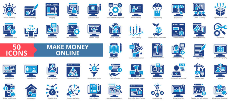 Make money online icon set flat style collection. Containing marketing, affiliate, freelance writing, blogging, survey, content creation, social media management - Powered by Adobe
