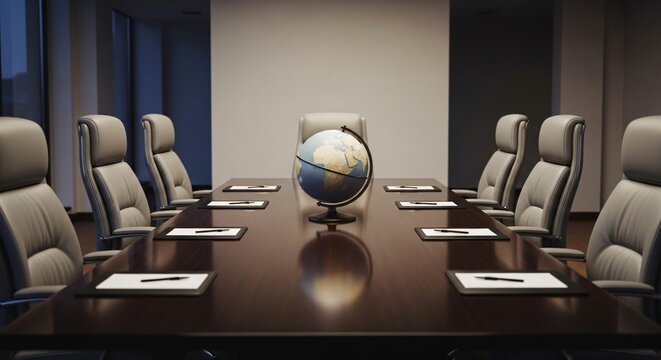 Global Business Meeting: Empty Conference Room with Globe.