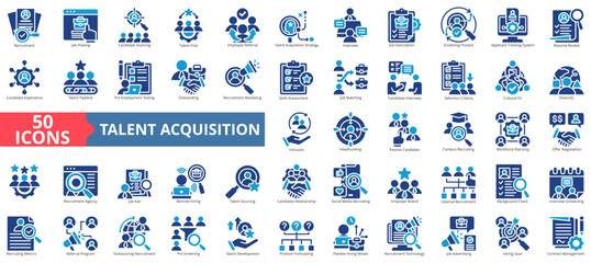 Fototapeta premium Talent acquisition icon set flat style collection. Containing recruitment, job posting, candidate, sourcing, pool, employee, referral, resume, review, screening process