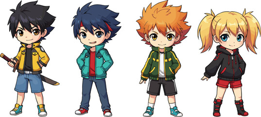 Cute anime chibi characters standing together, colorful cartoon kids illustration, kawaii art of four friends wearing modern casual clothes and outfits