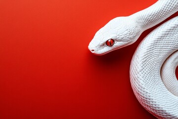 Fototapeta premium White Snake Resting on a Vivid Red Surface With Striking Features and Smooth Scales.