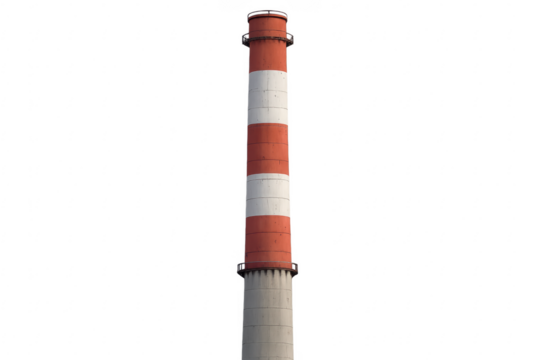 Industrial chimney with red and white stripes on transparent background