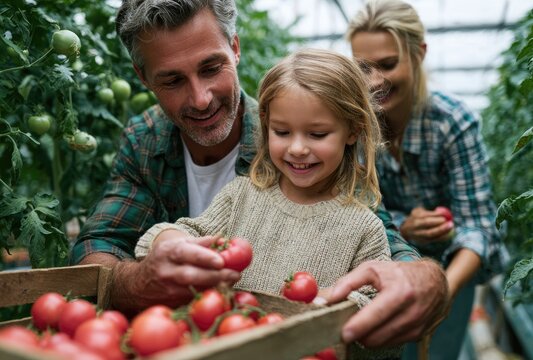 A family harvesting tomatoes in an indoor greenhouse, with the father holding his daughter and showing her how to pick the tomatoes