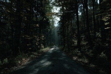 A sunlit path through a dense autumnal forest