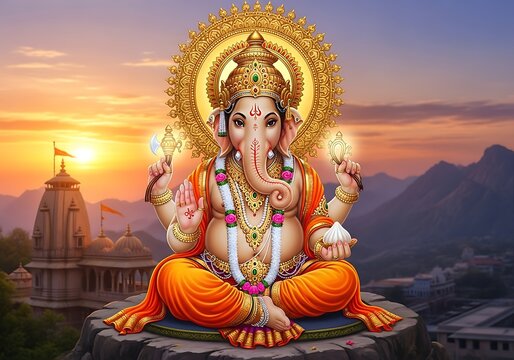 Ganesha, the Hindu god of wisdom and prosperity, at sunset with temples and mountains