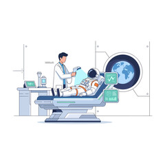 Cartoon of professional doctor serving an astronaut in the treatment room with globe illustration