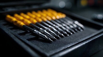 Organized screwdriver set in a professional workshop environment