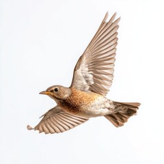 Obraz premium A brown and tan bird in flight against a plain white background