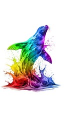 Splashing multicolored rainbow paint shaped like a seal on a solid white background