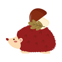 A cute cartoon hedgehog with a red-brown spiky body, carrying an mushroom and a green leaf on its back. The hedgehog is depicted in a playful, whimsical style