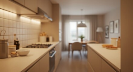 Beige Kitchen Interior with Modern Appliances and Warm Lighting