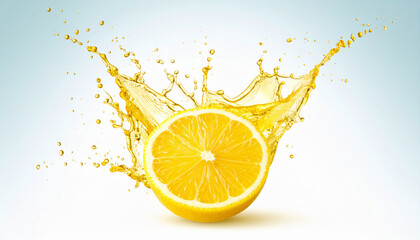 Lemon Slice Splashing Juice on Light Blue Background, Fresh and Vibrant Citrus Fruit