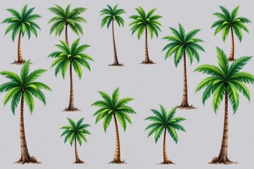 Fototapeta premium collection watercolor style isolated on white background clipart include at least 10 isolated palm trees themed elements and leave a 10% margin clear around the sheet to avoid cropping