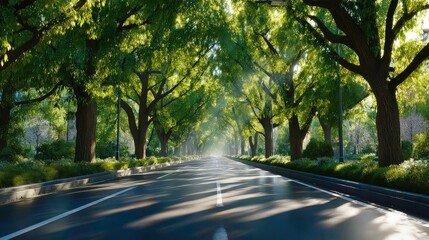 Tree canopy avenue urban road sunbeams lush green foliage, natural landscape, beautiful sunlight rays under tall trees