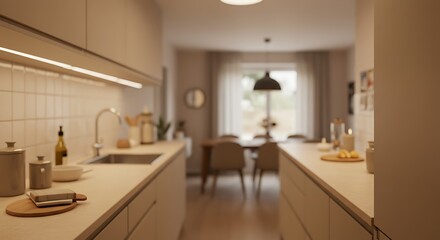 Fototapeta premium Modern Kitchen Interior with Cream Cabinets and Blurred Dining Room