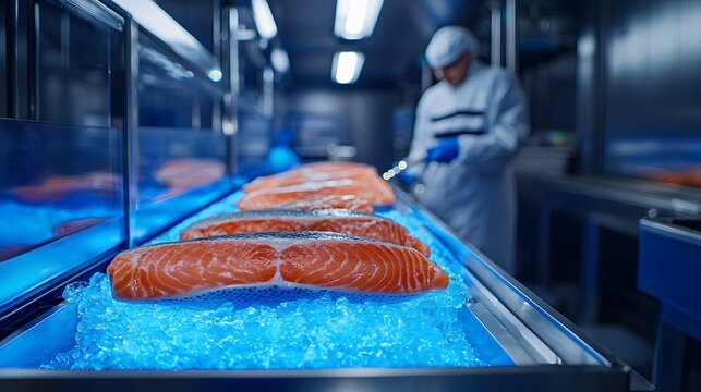 photo-realistic seafood inspection scene inside stainless steel facility with blue lighting and handheld scanner, cinematic scene