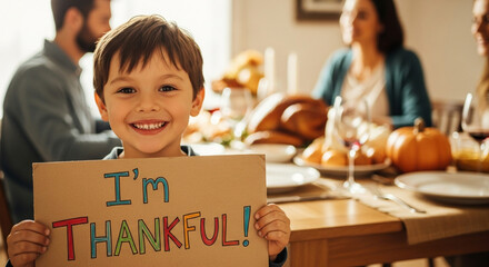 A cute little boy smiles while holding an "I'm Thankful" sign at the Thanksgiving dinner table a perfect heartwarming image of gratitude and family values