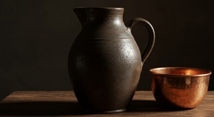 Naklejka premium Dark Brown Ceramic Pitcher and Copper Bowl Still Life