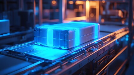 photo-realistic trace tag glowing on crate under UV compliance scanner during audit, industrial blue light, cinematic scene