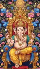 Fototapeta premium Vibrant Lord Ganesha on Golden Throne with Lotus and Lights – Vertical Mobile Festival Wallpaper
