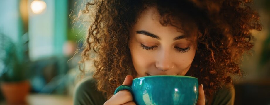 The turquoise mug cradled by a smiling woman in warm cafe light
