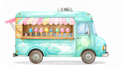 Vintage turquoise ice cream truck with colorful details, isolated on clean white background, perfect for summer, childhood nostalgia, and dessert concepts.