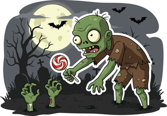 Funny cartoon zombie holding lollipop, spooky graveyard background with full moon, bats and creepy hands, Halloween horror illustration, undead character artwork design