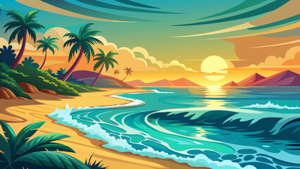Gentle waves kiss the shore in rhythmic whispers, reflecting turquoise hues beneath golden sunlight, as the tranquil island paradise invites peaceful dreams beneath the sway of lush tropical palms.