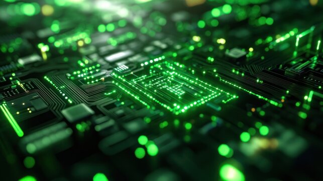 Close-up view of glowing circuit board with vibrant green lights. Complex network of interconnected components. High-tech, digital design