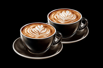 Two beautifully crafted cups of latte art on saucers against a black background, perfect for coffee lovers
