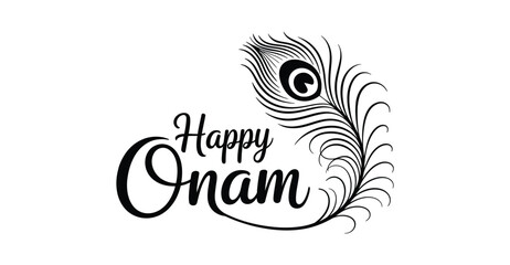 Elegant Happy Onam greeting with detailed peacock feather illustration, ideal for Kerala festival celebrations, cultural design, and festive art
