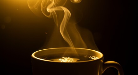Golden Lit Coffee Cup with Rising Steam
