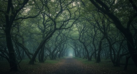 Obraz premium Mysterious Dark Green Forest Path with Fog