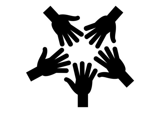 A black silhouette icon of five raised hands, symbolizing unity, teamwork, volunteerism, and community participation