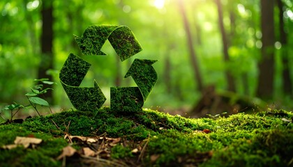 Moss-covered Recycle Symbol in Forest Sunlight: Sustainable Future Concept